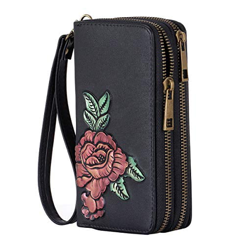 Inspring Credit Card Holder Wallets Organizer for Women Zipper Card Case for Girls with ID Holder and Wristlet Wrist Strap Fabric Floral Small Purse 11 Slots and Cash Pocket 